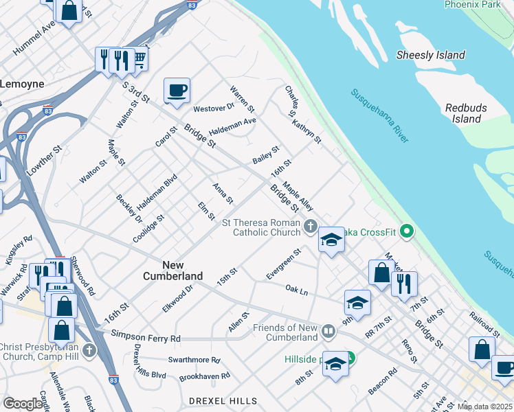 map of restaurants, bars, coffee shops, grocery stores, and more near 324 16th Street in New Cumberland