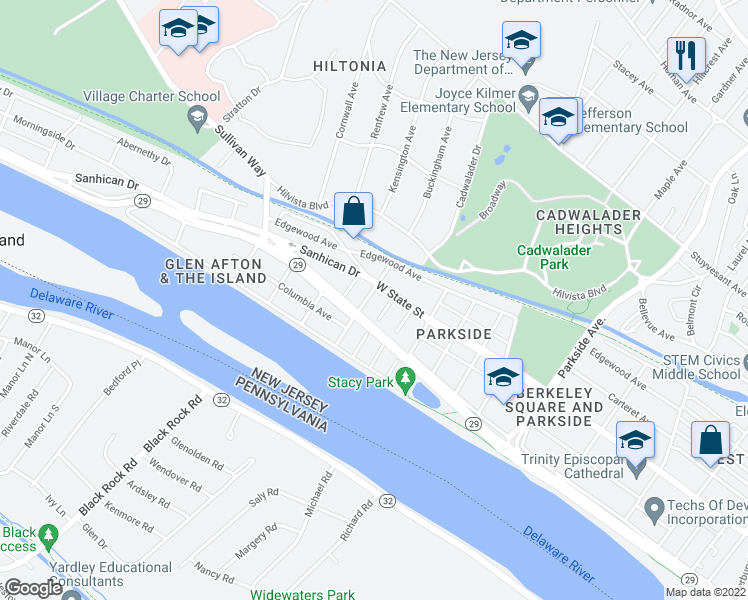 map of restaurants, bars, coffee shops, grocery stores, and more near 14 Lee Avenue in Trenton
