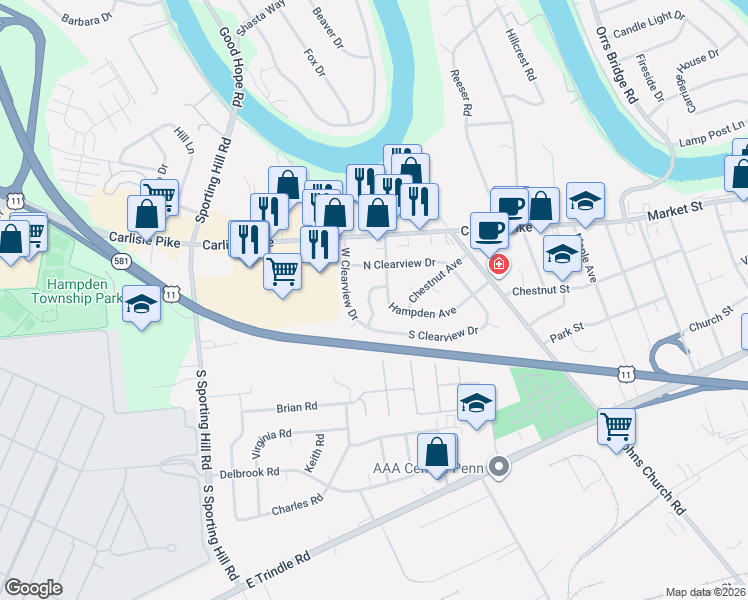 map of restaurants, bars, coffee shops, grocery stores, and more near 103 Hampden Avenue in Camp Hill