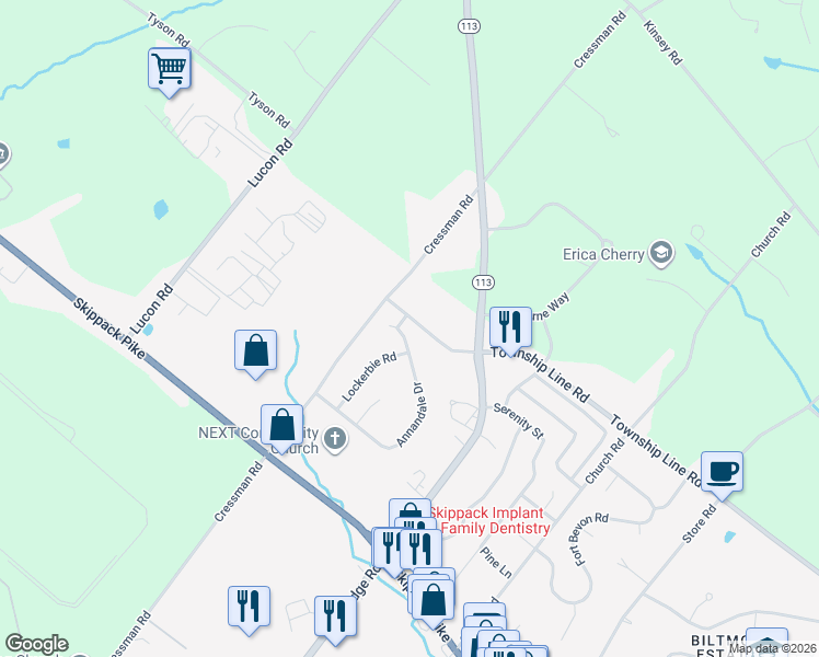 map of restaurants, bars, coffee shops, grocery stores, and more near 4330 Annandale Drive in Schwenksville