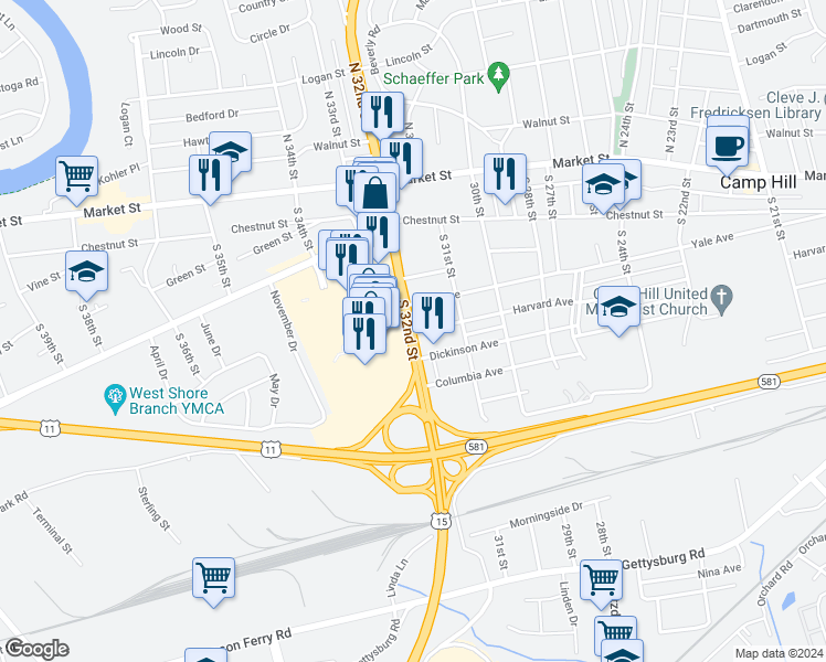 map of restaurants, bars, coffee shops, grocery stores, and more near 253 U.S. 11 in Camp Hill