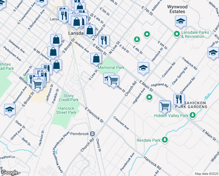 map of restaurants, bars, coffee shops, grocery stores, and more near 400 Penn Street in Lansdale