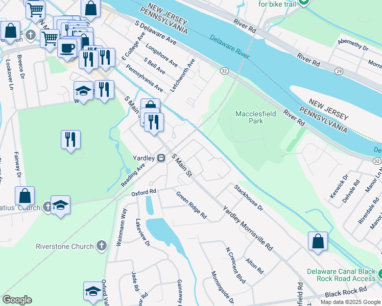 map of restaurants, bars, coffee shops, grocery stores, and more near 307 Yardley Commons in Yardley