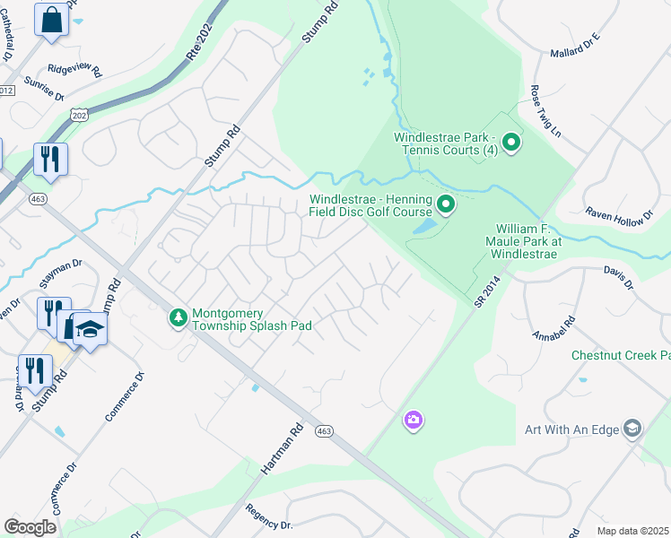 map of restaurants, bars, coffee shops, grocery stores, and more near 630 Pheasant Run in North Wales