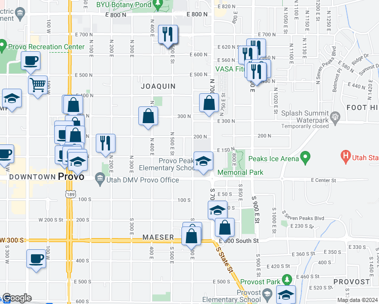 map of restaurants, bars, coffee shops, grocery stores, and more near 144 600 East in Provo