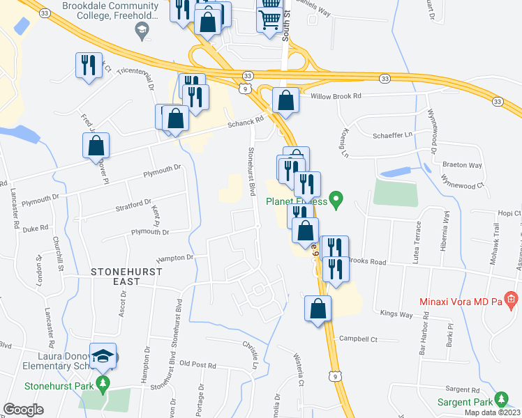 map of restaurants, bars, coffee shops, grocery stores, and more near 37 Stonehurst Boulevard in Freehold