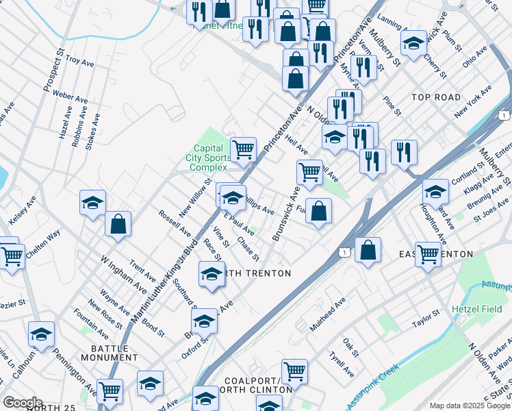 map of restaurants, bars, coffee shops, grocery stores, and more near Phillips Ave & Dexter St in Trenton