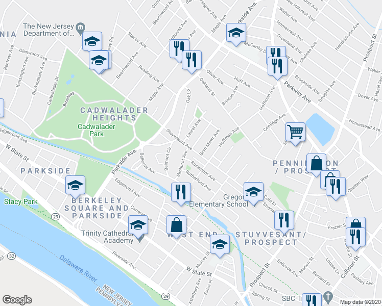 map of restaurants, bars, coffee shops, grocery stores, and more near 215 Highland Avenue in Trenton