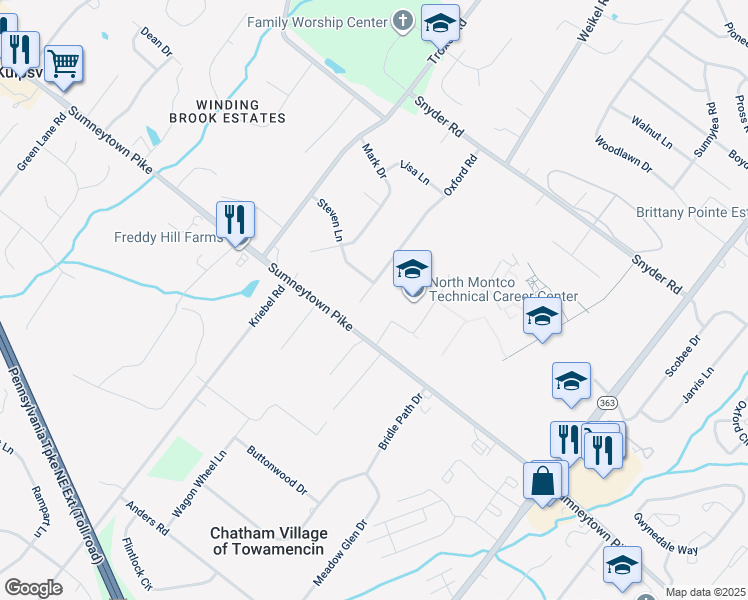 map of restaurants, bars, coffee shops, grocery stores, and more near 133 Oxford Road in Lansdale