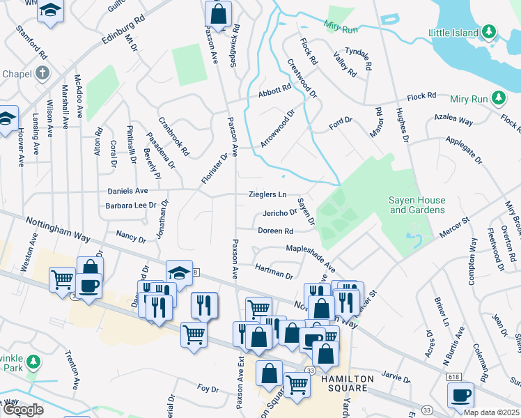 map of restaurants, bars, coffee shops, grocery stores, and more near 11 Jericho Drive in Hamilton Township
