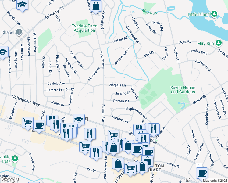 map of restaurants, bars, coffee shops, grocery stores, and more near 11 Jericho Drive in Hamilton Township