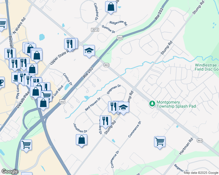 map of restaurants, bars, coffee shops, grocery stores, and more near 111 Stayman Drive in North Wales