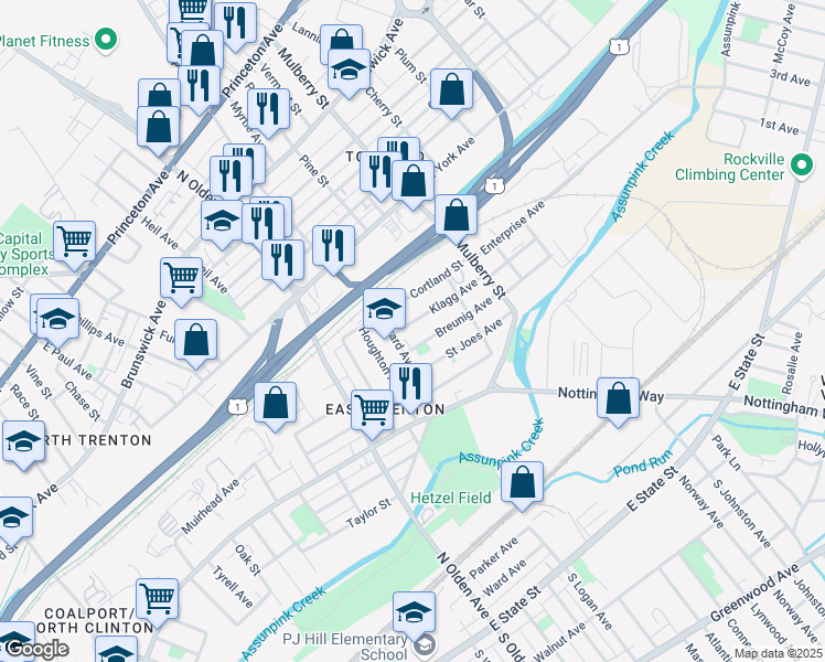 map of restaurants, bars, coffee shops, grocery stores, and more near 26 Klagg Avenue in Trenton