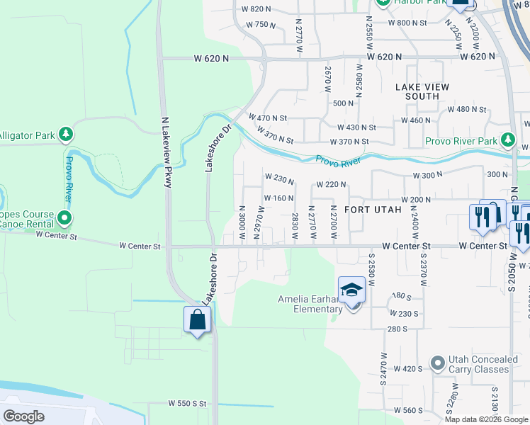 map of restaurants, bars, coffee shops, grocery stores, and more near 112 North 2970 West in Provo
