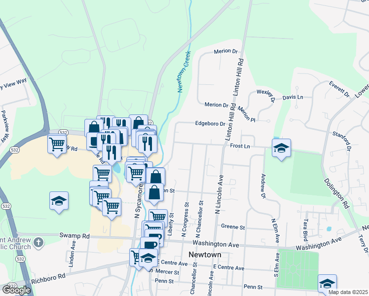 map of restaurants, bars, coffee shops, grocery stores, and more near 104 Frost Lane in Newtown