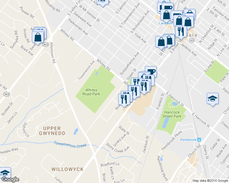 map of restaurants, bars, coffee shops, grocery stores, and more near 622 Green Street in Lansdale