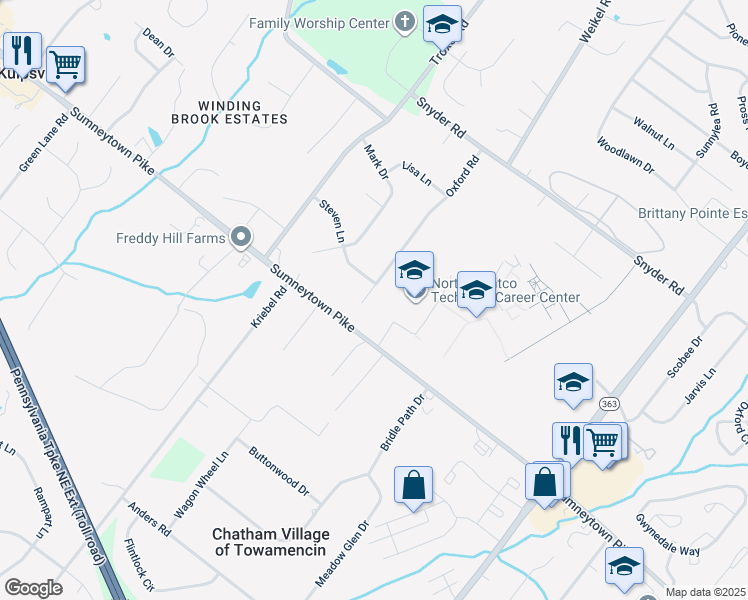 map of restaurants, bars, coffee shops, grocery stores, and more near 133 Oxford Road in Lansdale