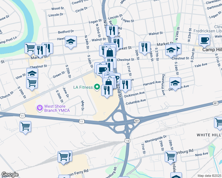 map of restaurants, bars, coffee shops, grocery stores, and more near Camp Hill Mall in Camp Hill