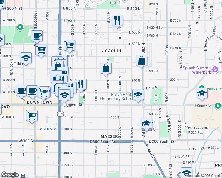 map of restaurants, bars, coffee shops, grocery stores, and more near 444 200 North in Provo