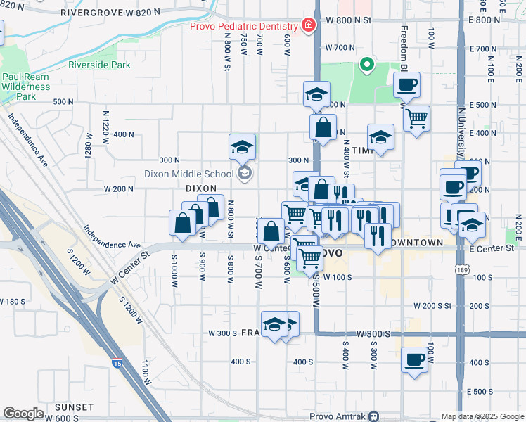 map of restaurants, bars, coffee shops, grocery stores, and more near 688 West 100 North in Provo