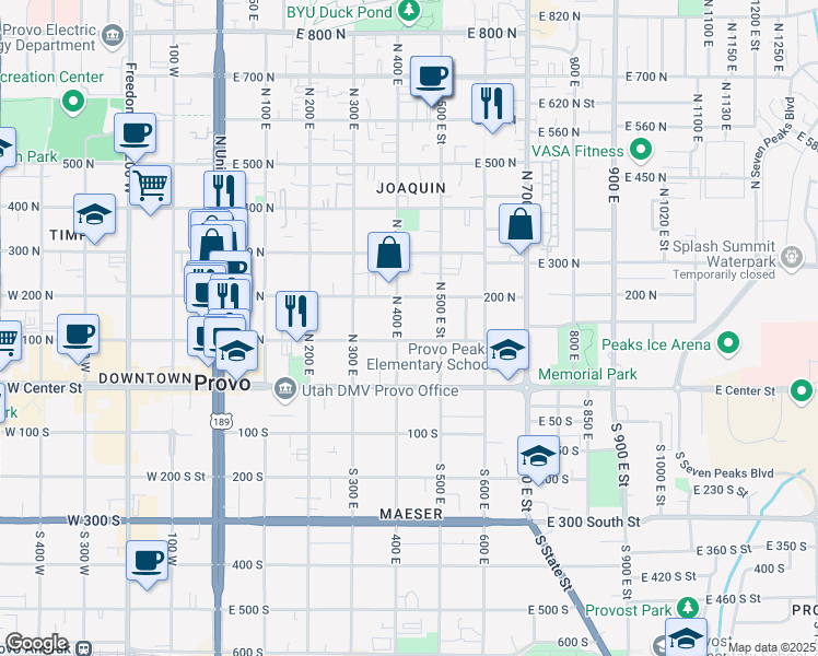 map of restaurants, bars, coffee shops, grocery stores, and more near 417 100 North in Provo