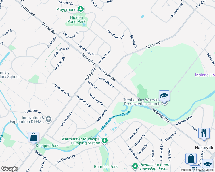 map of restaurants, bars, coffee shops, grocery stores, and more near 1550 Hartsville Circle in Warminster