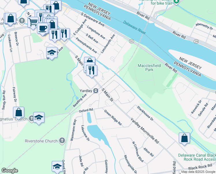 map of restaurants, bars, coffee shops, grocery stores, and more near 307 Yardley Commons in Yardley