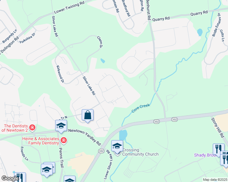 map of restaurants, bars, coffee shops, grocery stores, and more near 116 Thornhill Lane in Newtown
