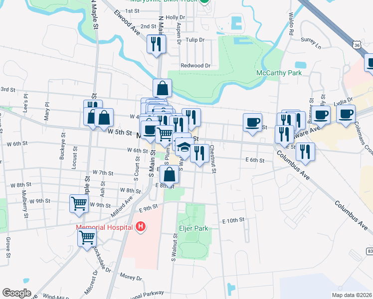 map of restaurants, bars, coffee shops, grocery stores, and more near 303 East 5th Street in Marysville