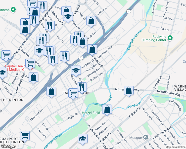 map of restaurants, bars, coffee shops, grocery stores, and more near 98 Breunig Avenue in Trenton