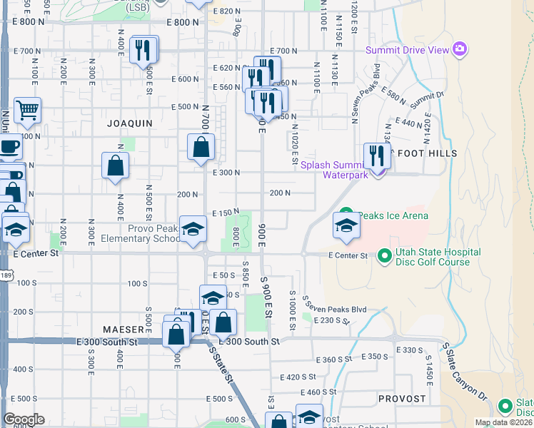 map of restaurants, bars, coffee shops, grocery stores, and more near 161 900 East in Provo