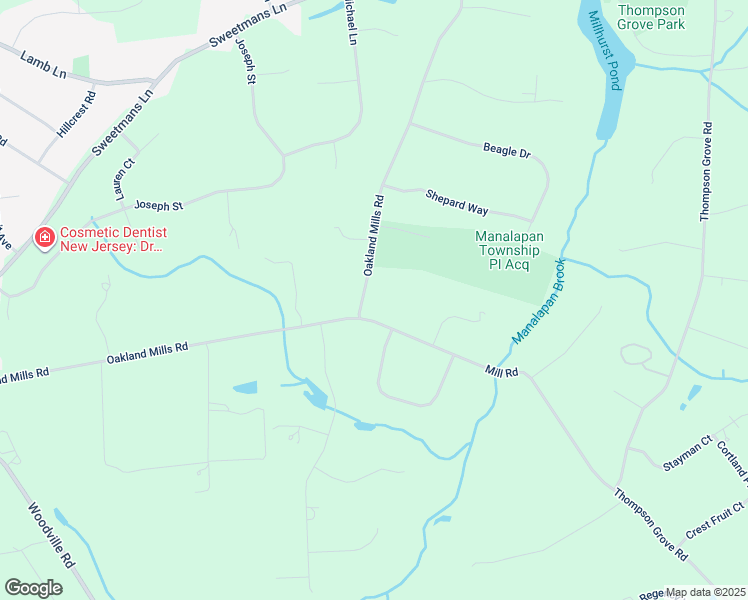 map of restaurants, bars, coffee shops, grocery stores, and more near 91 Oakland Mills Road in Manalapan Township