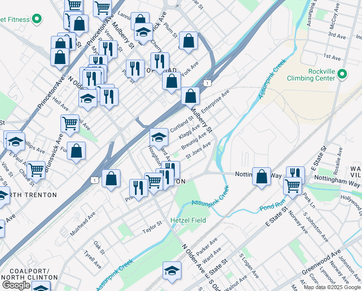 map of restaurants, bars, coffee shops, grocery stores, and more near 80 Klagg Avenue in Trenton