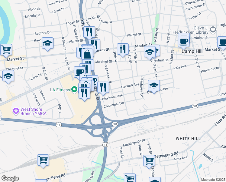 map of restaurants, bars, coffee shops, grocery stores, and more near 3008 Harvard Avenue in Camp Hill