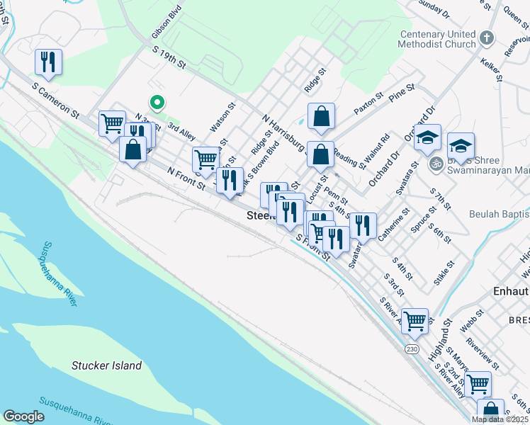 map of restaurants, bars, coffee shops, grocery stores, and more near 117 North Front Street in Steelton