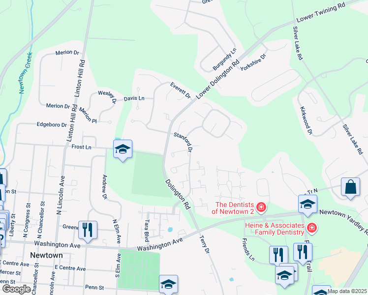 map of restaurants, bars, coffee shops, grocery stores, and more near 604 Danbury Court in Newtown
