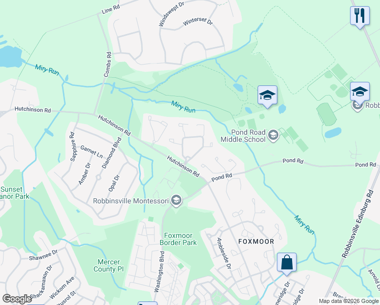 map of restaurants, bars, coffee shops, grocery stores, and more near 327 Andover Place in Robbinsville Township