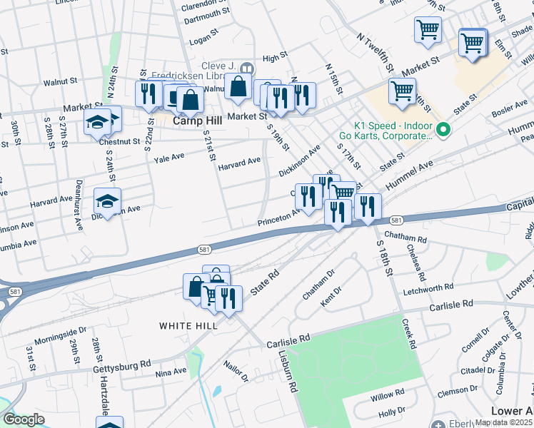map of restaurants, bars, coffee shops, grocery stores, and more near 305 Pennsylvania Avenue in Camp Hill