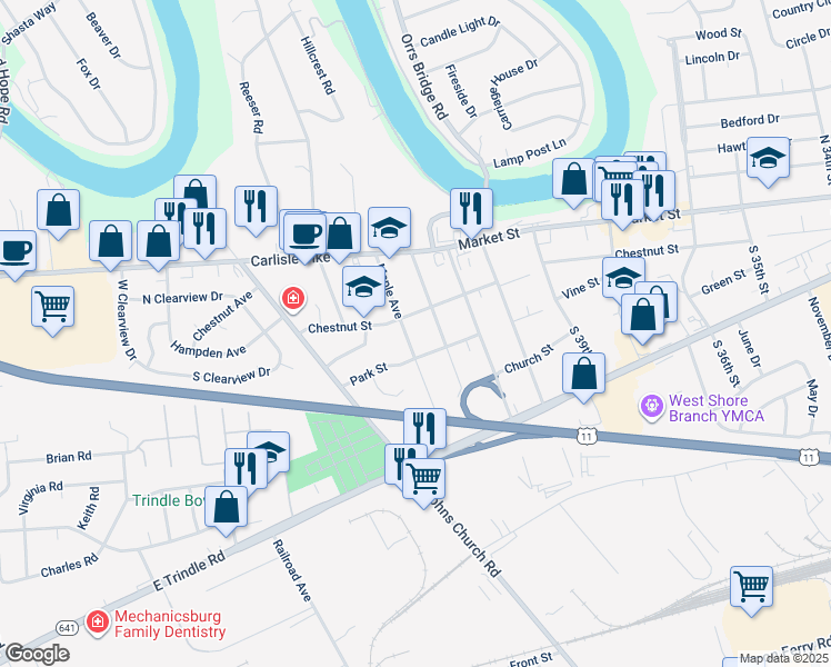 map of restaurants, bars, coffee shops, grocery stores, and more near 105 Maple Avenue in Camp Hill
