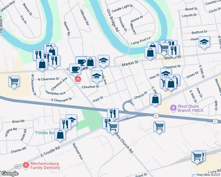 map of restaurants, bars, coffee shops, grocery stores, and more near 105 Maple Avenue in Camp Hill