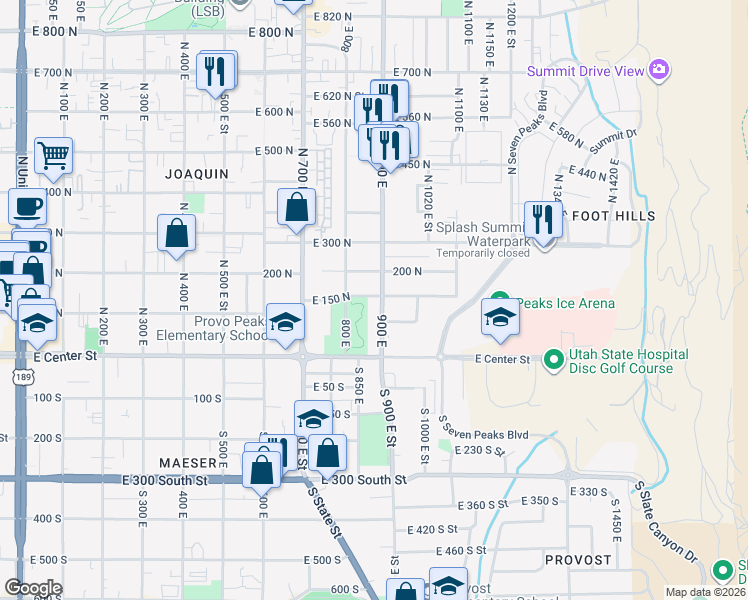 map of restaurants, bars, coffee shops, grocery stores, and more near 890 East 150 North in Provo