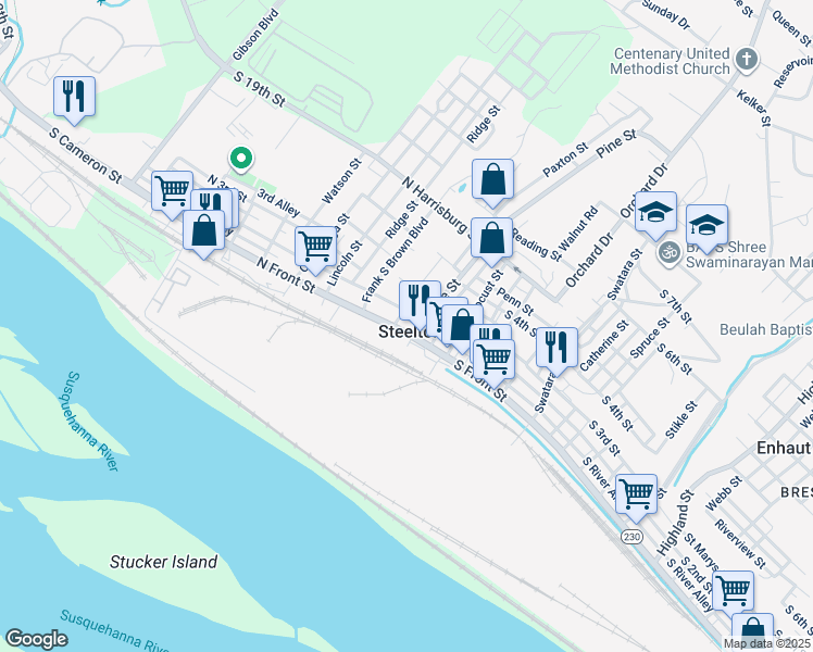 map of restaurants, bars, coffee shops, grocery stores, and more near 117 North Front Street in Steelton