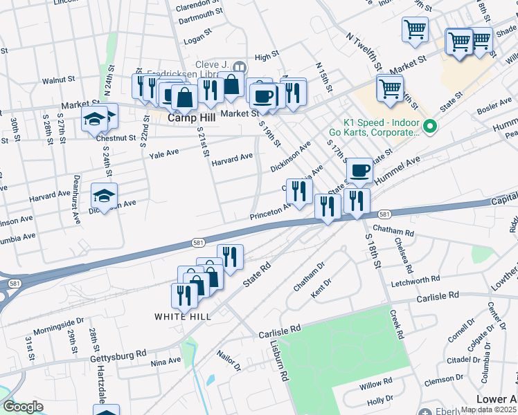 map of restaurants, bars, coffee shops, grocery stores, and more near 305 Pennsylvania Avenue in Camp Hill