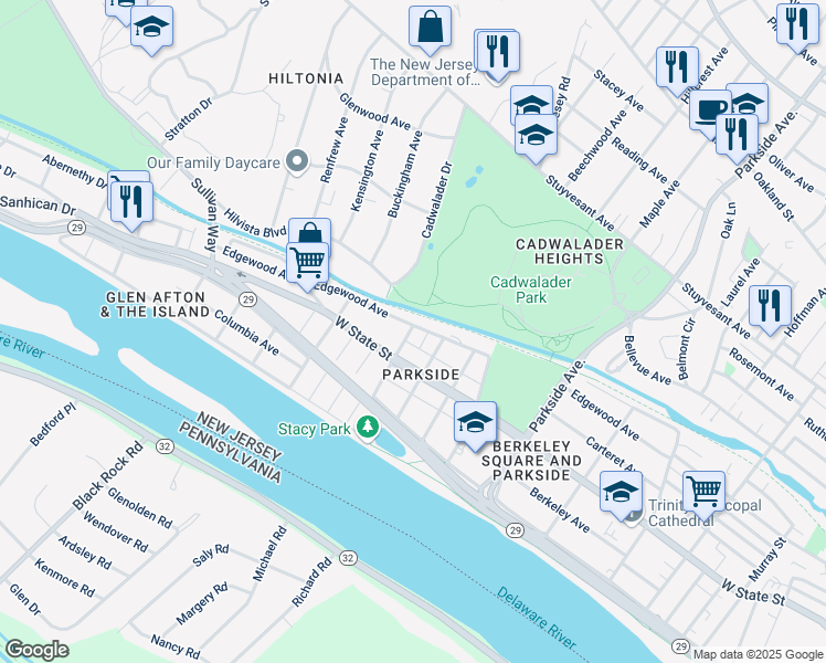 map of restaurants, bars, coffee shops, grocery stores, and more near 28 North Westfield Avenue in Trenton