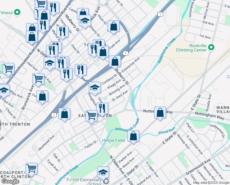 map of restaurants, bars, coffee shops, grocery stores, and more near 96 Breunig Avenue in Trenton