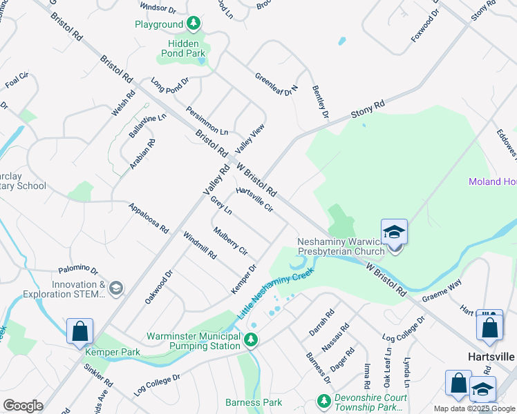 map of restaurants, bars, coffee shops, grocery stores, and more near 1550 Hartsville Circle in Warminster