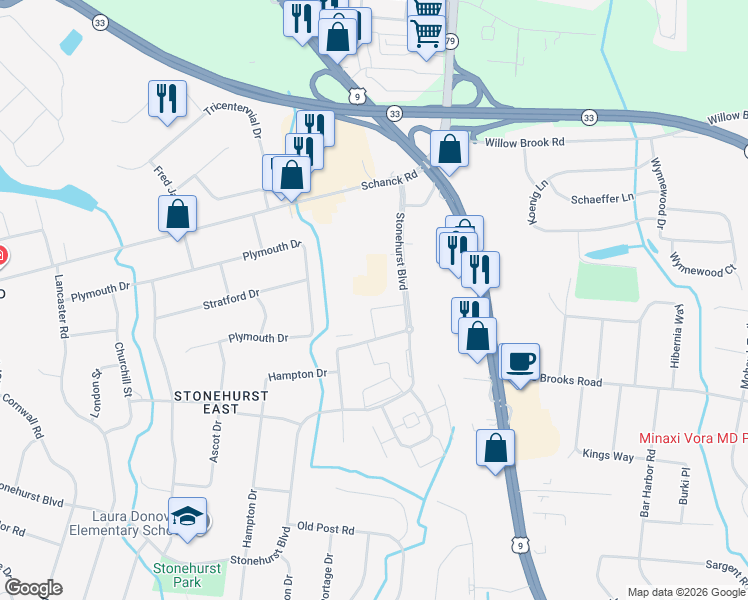 map of restaurants, bars, coffee shops, grocery stores, and more near 16 Windsor Terrace in Freehold