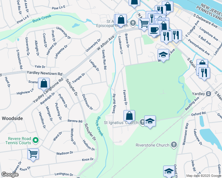 map of restaurants, bars, coffee shops, grocery stores, and more near 937 Sandy Run Road in Yardley
