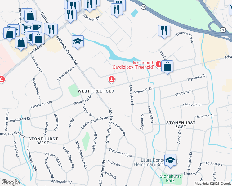 map of restaurants, bars, coffee shops, grocery stores, and more near 1 Municipal Plaza in Freehold