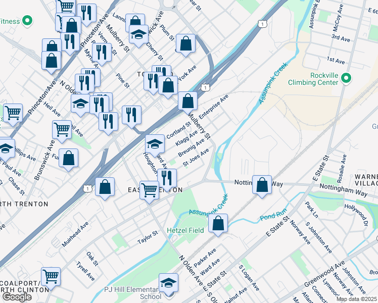map of restaurants, bars, coffee shops, grocery stores, and more near 100 Breunig Avenue in Trenton
